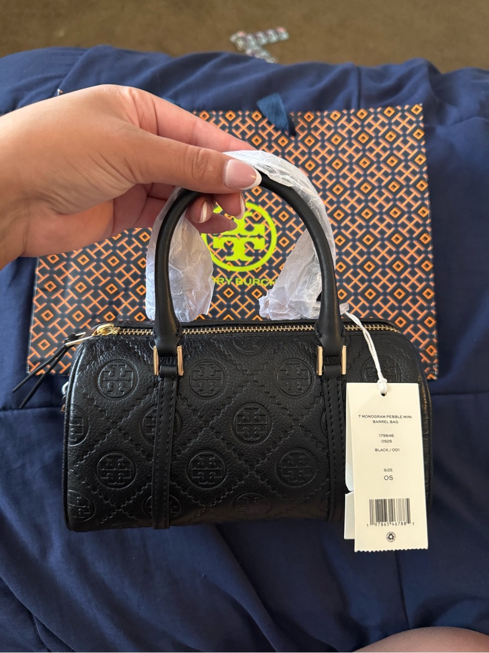Tory Burch Black Pebbled Logo Mini Barrel Bag